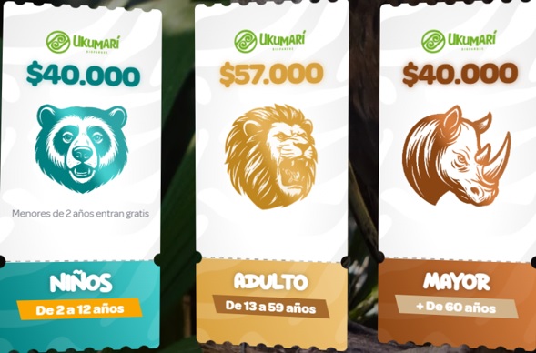 tarifas-bioparque-ukumari - Alquiler de fincas en el quindio Three sign cards with animal icons (bear, lion, rhinoceros) and prices: ,000 for niños (2–12), ,000 for adultos (13–59), ,000 for mayores (60+).